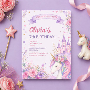 Purple Unicorn Girls 7th Birthday Invitation