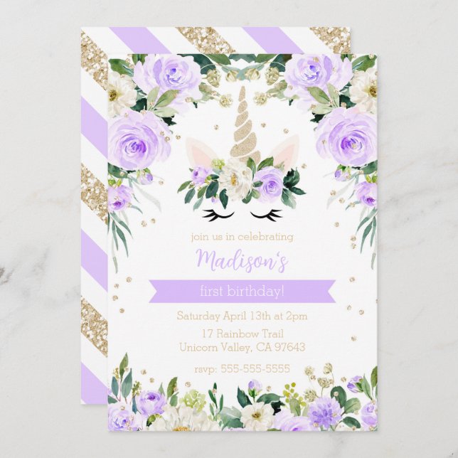 Purple Unicorn Girly Birthday Invitation (Front/Back)