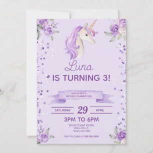 Purple Unicorn Glitter Confetti Birthday Party Invitation