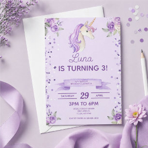 Purple Unicorn Glitter Confetti Birthday Party Invitation