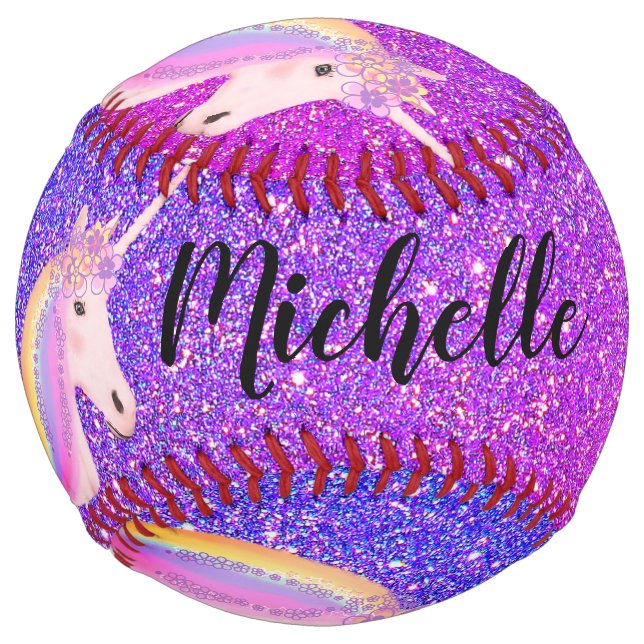 Purple Unicorn Glitter Sparkle Girl's Personalised Softball (Back)