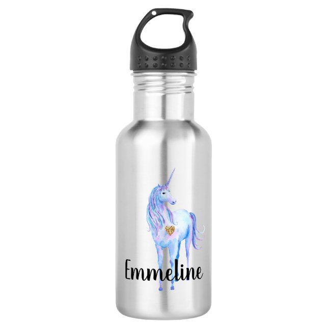 Purple Unicorn Gold Glitter Heart personalised 532 Ml Water Bottle (Front)