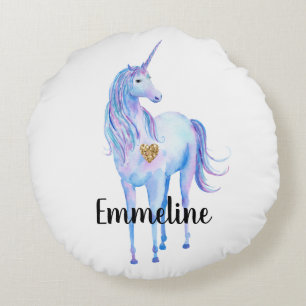 Purple Unicorn Gold Glitter Heart Round Cushion