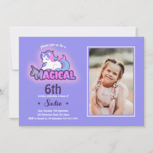Purple Unicorn Magical Any Age 6th Birthday Photo Invitation