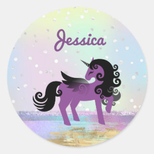 Purple Unicorn on a Pastel Faux Glitter Cloud Classic Round Sticker