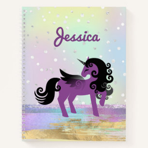 Purple Unicorn on a Pastel Faux Glitter Cloud Note Notebook