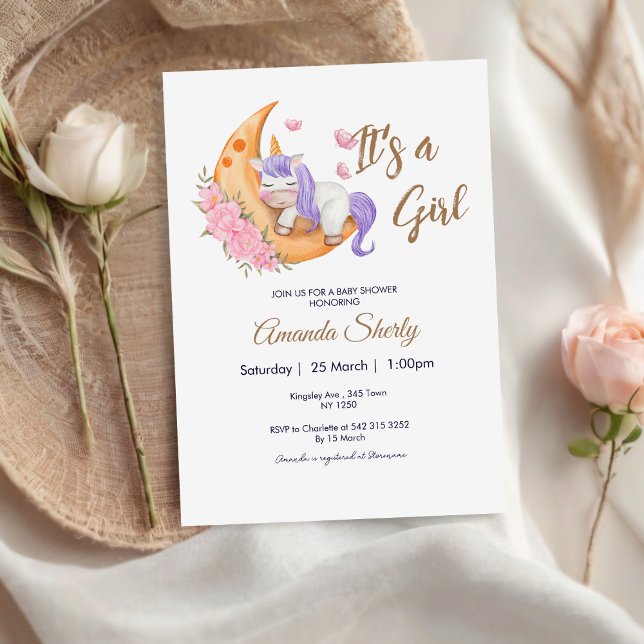 Purple Unicorn on Moon Baby Shower Invitation (Purple Unicorn on the Moon Baby Shower Invite)