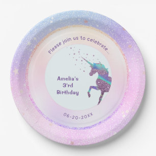 Purple Unicorn Pastel Holographic Starry Galaxy Paper Plate
