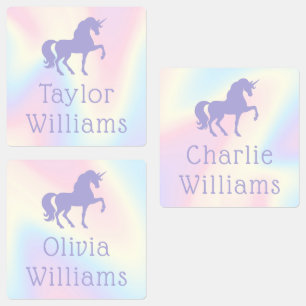 Purple unicorn pastel rainbow kids adhesive name