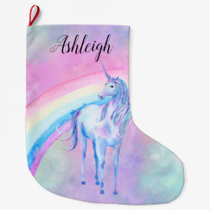 Purple Unicorn Rainbow Watercolor Name Large Christmas Stocking