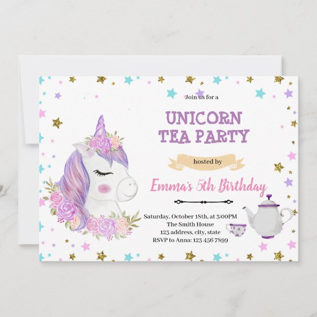 Purple unicorn tea birthday invitation (Front)