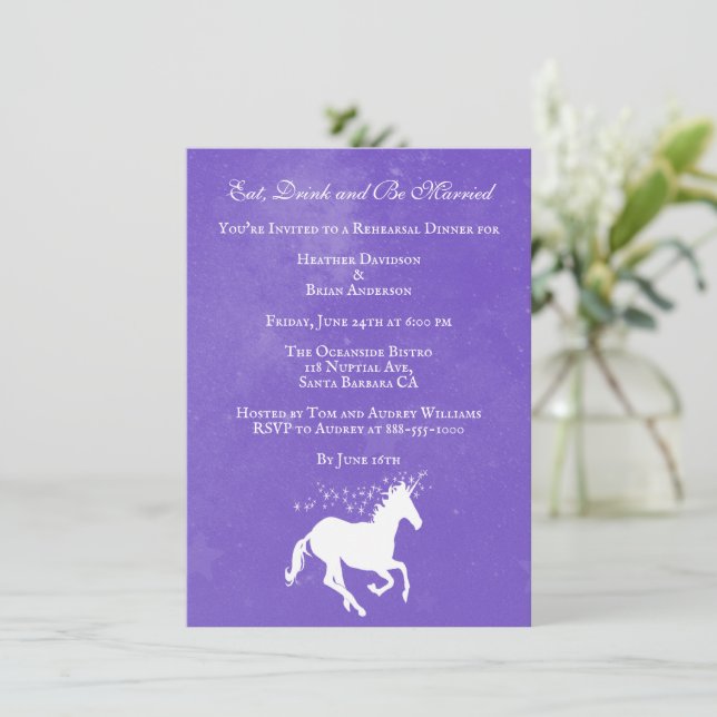 Purple Unicorn Wedding Rehearsal Dinner Invite (Standing Front)