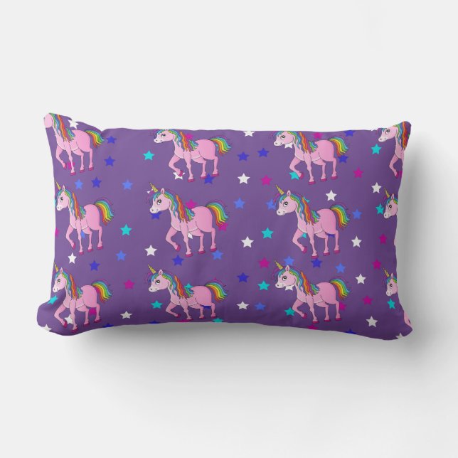Purple Unicorns & Star Print Lumbar Pillow (Front)