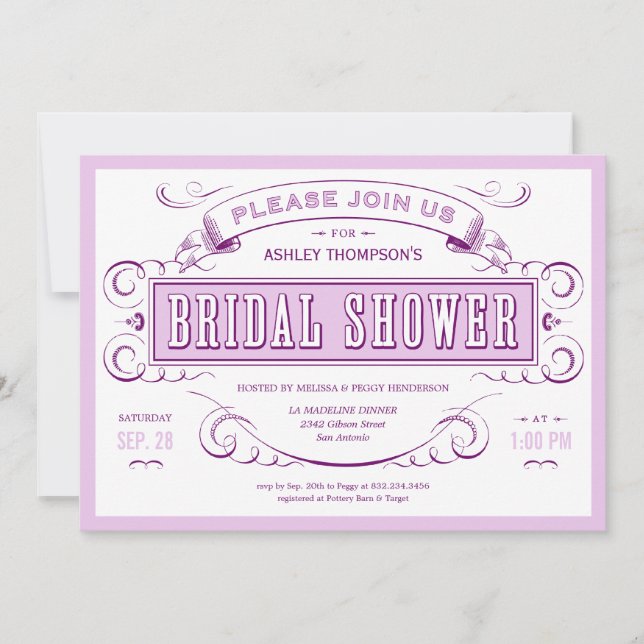 Purple Unique Vintage Bridal Shower Invitations (Front)