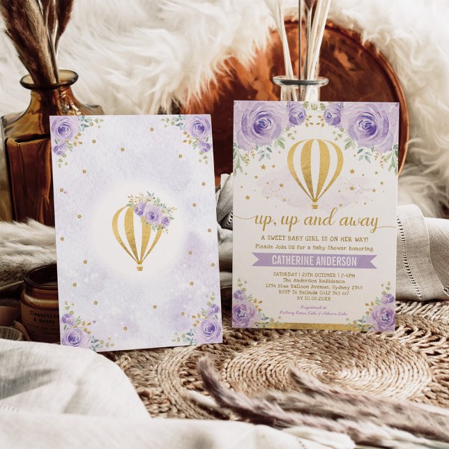 Purple Up and Away Hot Air Balloon Baby Shower Invitation (Creator Uploaded)