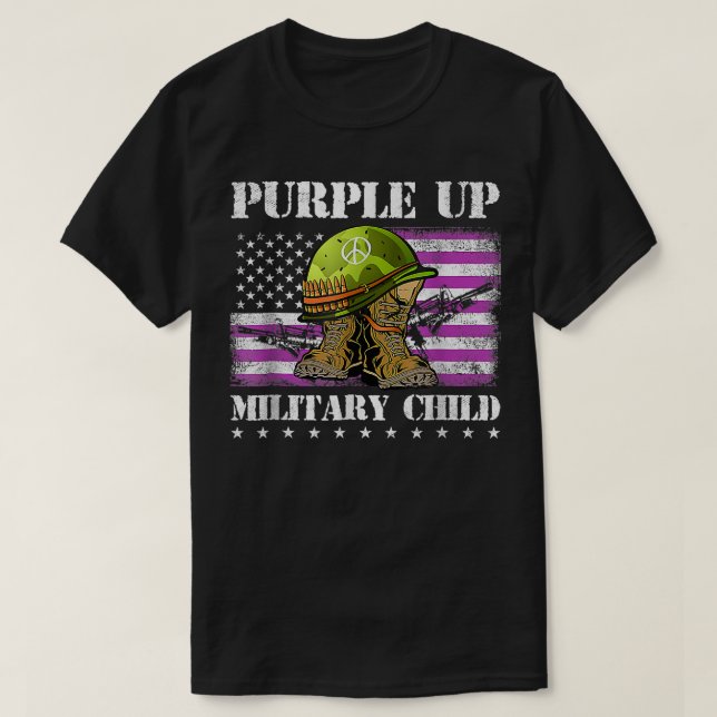 Purple Up Military Child American Flag Boots Month T-Shirt (Design Front)