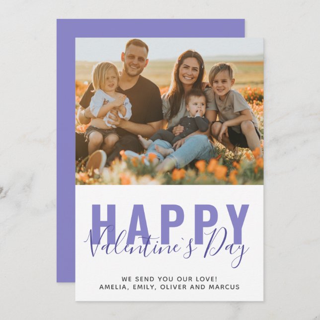 Purple Valentine`s Day Family Photo Holiday Card (Front/Back)