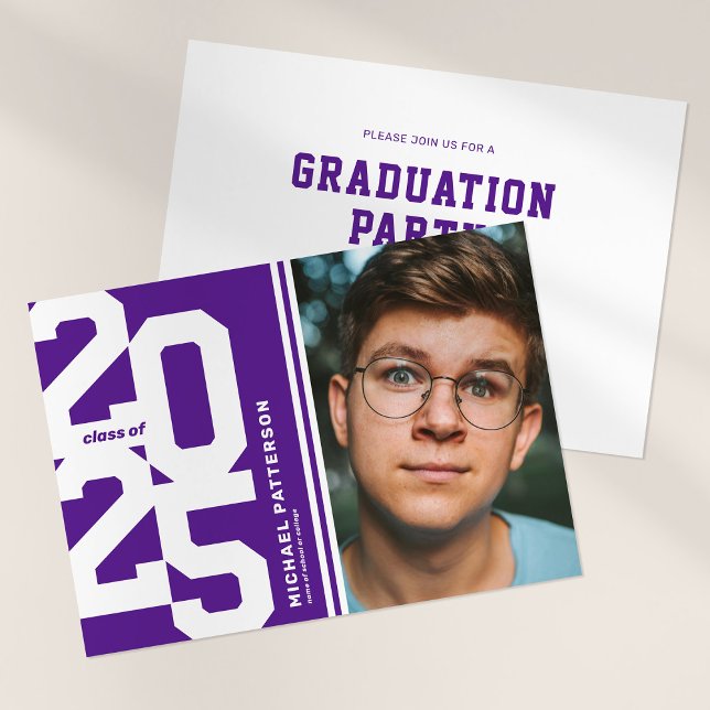 Purple Varsity Sport Photo Graduation Party Invitation (Creator Uploaded)