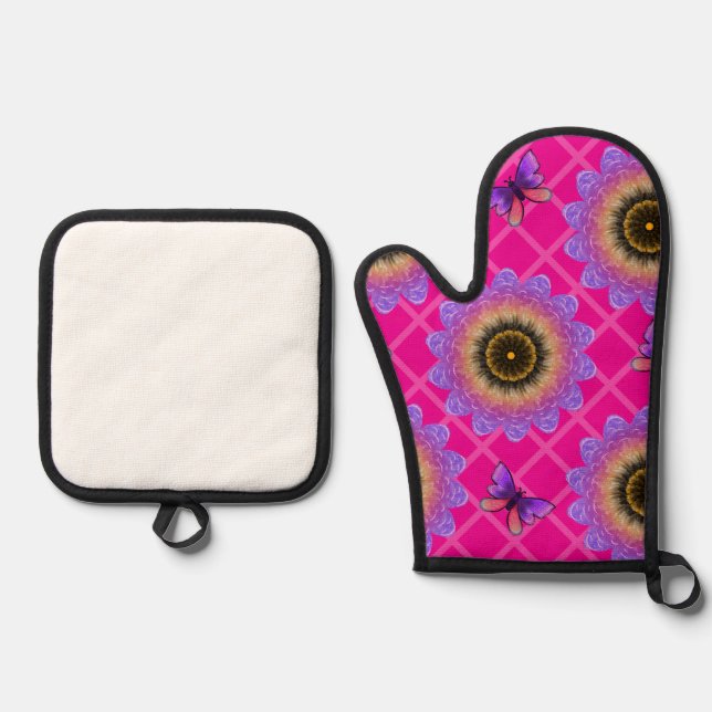 Purple Velvet Sunflower & Butterfly Pattern Oven Mitt & Pot Holder Set (Front)