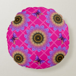 Purple Velvet Sunflower & Butterfly Pattern Round Cushion