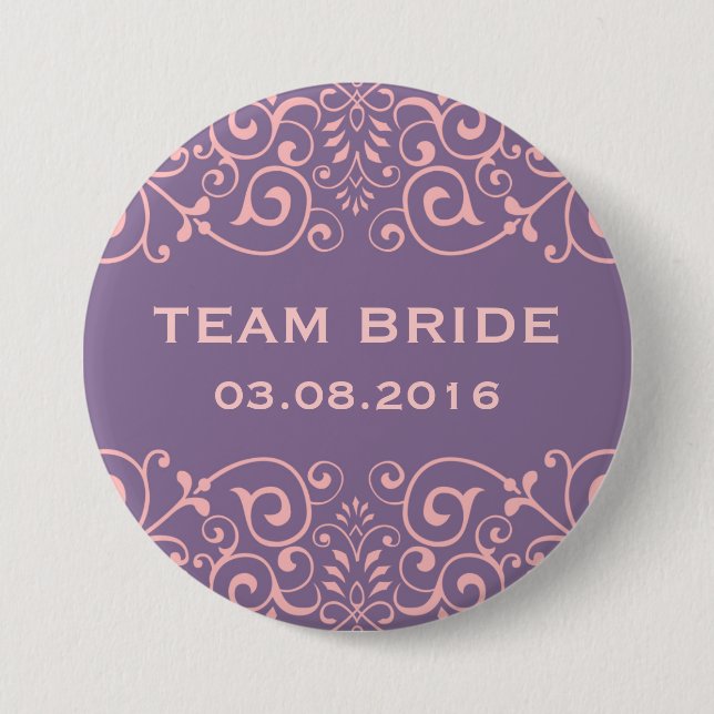 Purple Victorian Floral Swirl Team Bride Button (Front)