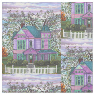 Purple Victorian House Picket Fence Landscape Fabric