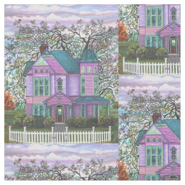 Purple Victorian House Picket Fence Landscape Fabric (Close Up)