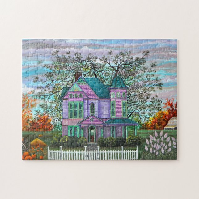 Purple Victorian House Pumpkins Wagon Fall Trees Jigsaw Puzzle (Horizontal)