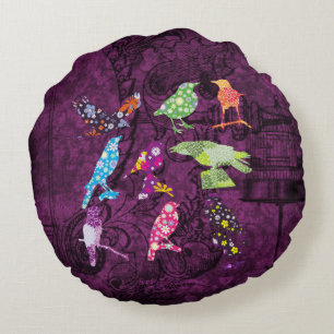 Purple Vintage Birdcage&ColorfulBirds Round Pillow