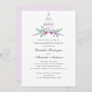 Purple vintage birdcage. Floral engagement party Invitation