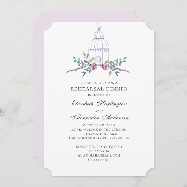 Purple vintage birdcage. Floral rehearsal dinner Invitation (Front/Back)