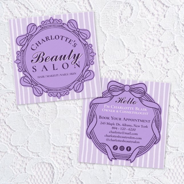 Purple Vintage Bow Frame Square Salon Business Card (Purple Vintage Bow Frame Square Salon Business Card)