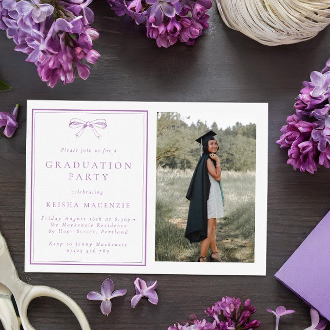 Purple Vintage Bow Photo Graduation Party Invitation (Creator Uploaded)