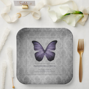 Purple Vintage Butterfly Damask Wedding Paper Plate