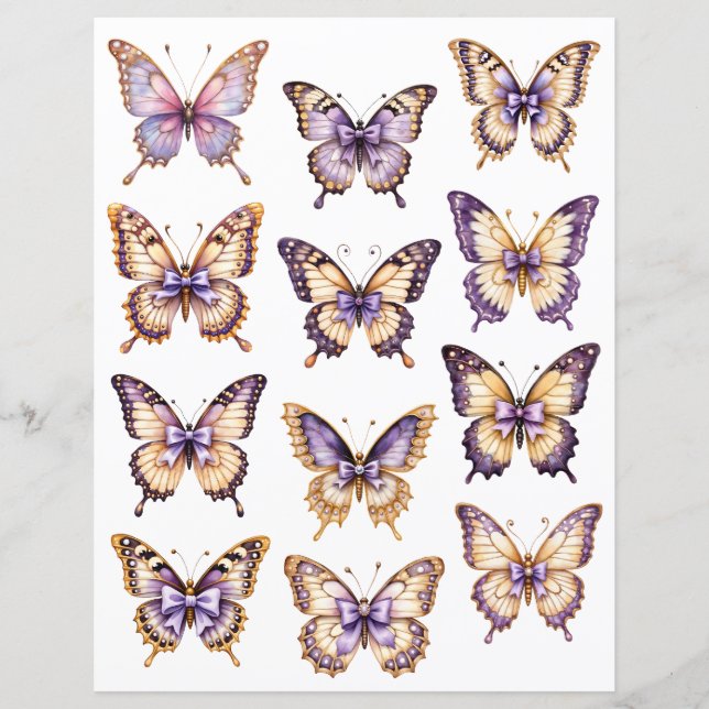 Purple Vintage Butterfly Ephemera Scrapbook Paper (Front)