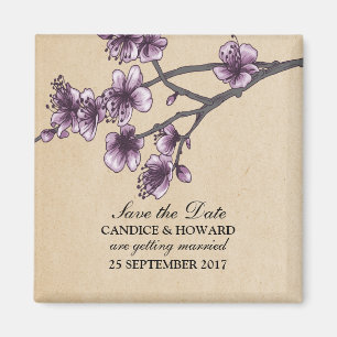 Purple Vintage Cherry Blossoms Save the Date Magnet