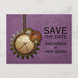 Purple Vintage Clock Save the Date Postcard