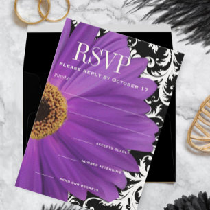 Purple Vintage Damask Gerber Daisy Wedding RSVP  Invitation