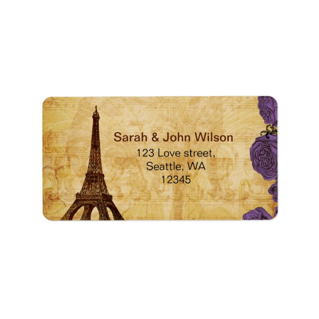 purple vintage eiffel tower Paris address labels (Front)