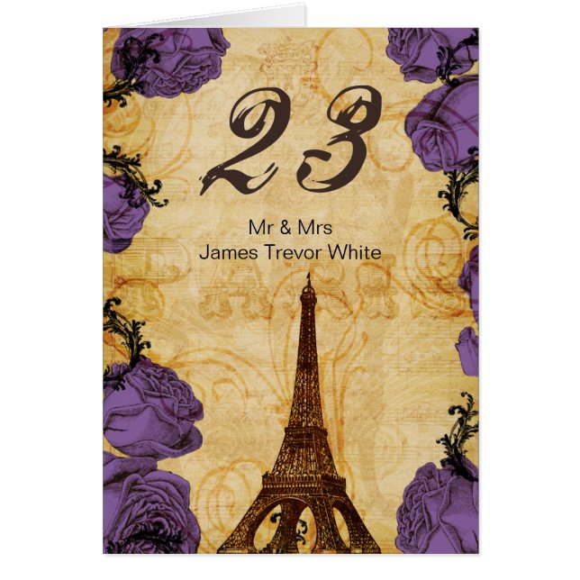 purple vintage eiffel tower Paris Table Numbers (Front)
