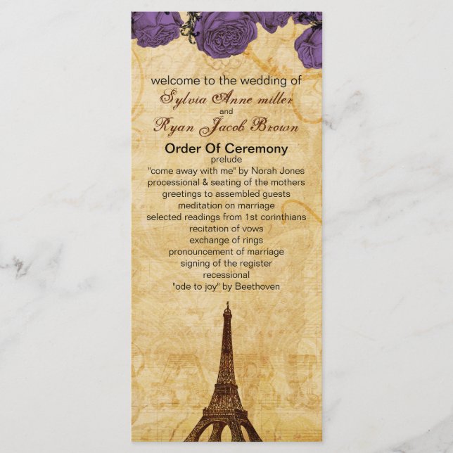 purple vintage eiffel tower Paris wedding program Programme (Front)