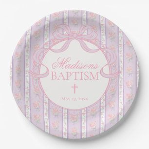 Purple Vintage Fancy Floral Baptism Paper Plate