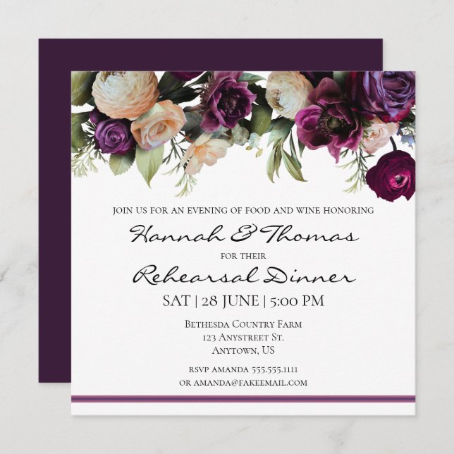 Purple Vintage Floral Rehearsal Dinner Invitation (Front/Back)