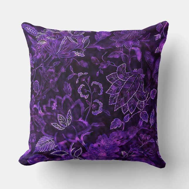 Purple Vintage Floral Shimmer Throw Pillow (Front)