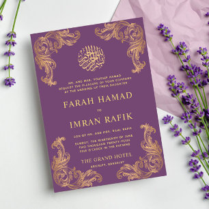 Purple Vintage Gold Corner Islamic Muslim Wedding Invitation
