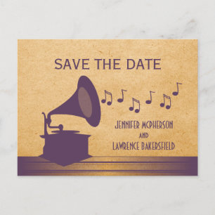 Purple Vintage Gramophone Save the Date Postcard