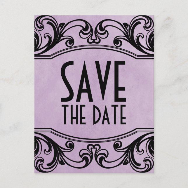 Purple Vintage Swirls Save the Date Postcard (Front)