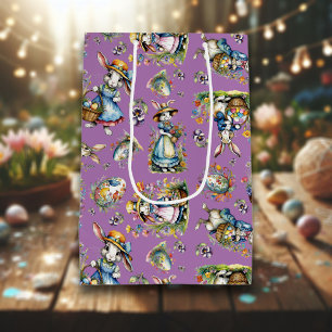 Purple Vintage Watercolor Easter Bunny Floral Medium Gift Bag