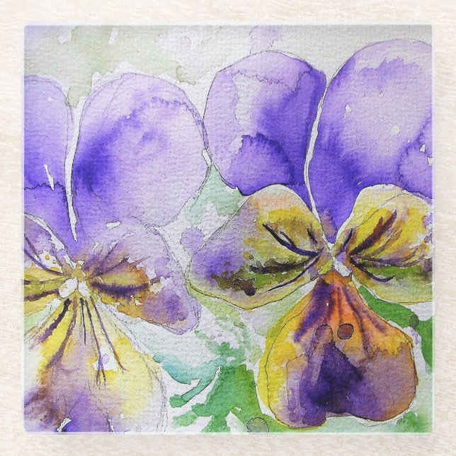 Purple Viola Floral flowers Watercolor Painting Glass Coaster (Front)