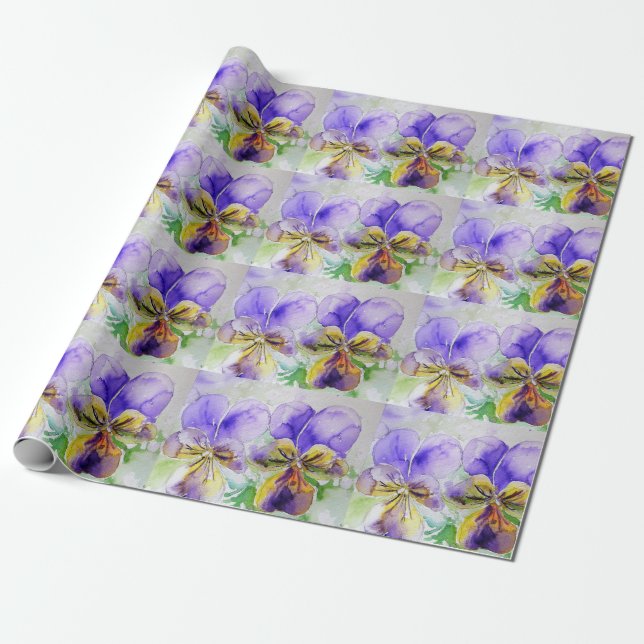 Purple Viola Pansy flowers Watercolor Wrapping Wrapping Paper (Unrolled)